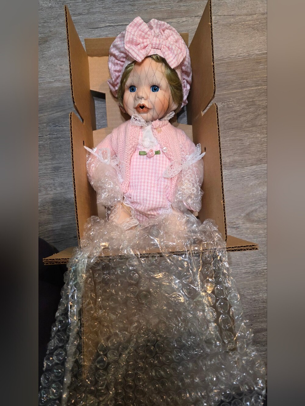 New Vintage Porcelain Pink Baby Doll with Bonnet - Kids Toys